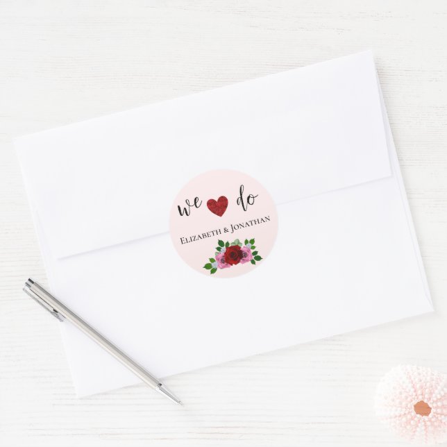 Red and Pink Roses Wedding Classic Round Sticker (Envelope)