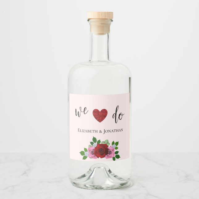 Red and Pink Roses Wedding Liquor Bottle Label (Front)