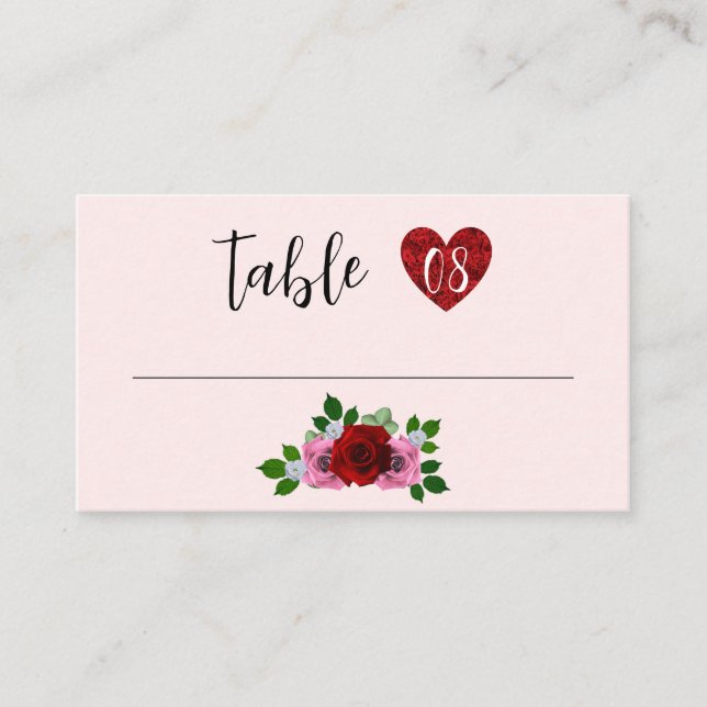 Red and Pink Roses Wedding Place Card (Front)