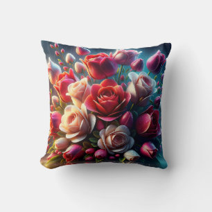 “Red and Pink Roses with Raindrops" Throw Pillow
