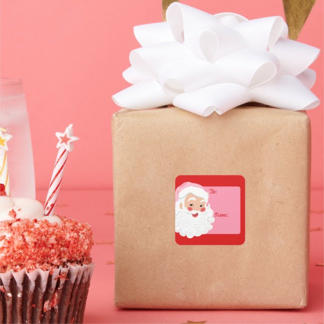 Red and Pink Santa Claus Christmas To From Square Sticker (Party)