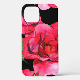 Red and Pink Soft Watercolor Roses on Black iPhone 12 Case