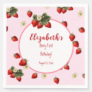 Red and Pink Strawberry First Baby Girl Birthday Napkin