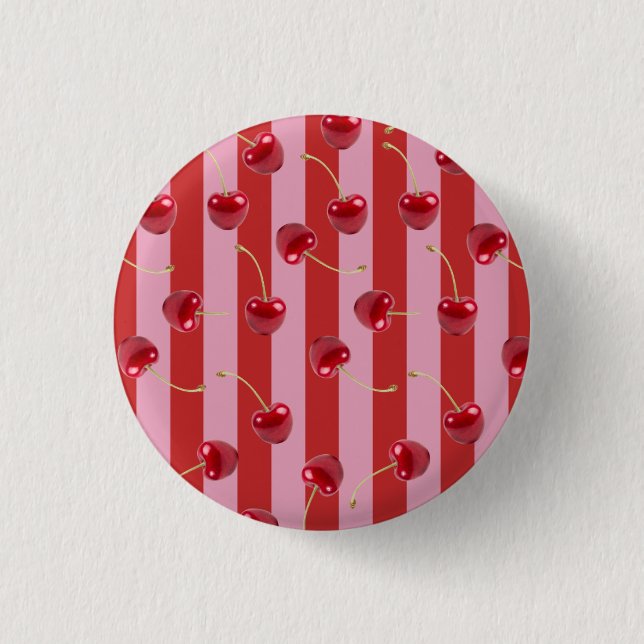 Red and pink stripe design with cherries 1 inch round button (Front)