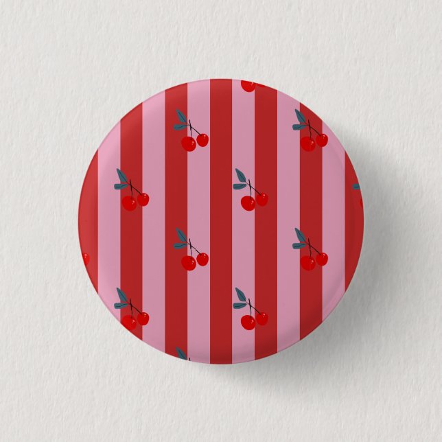 Red and pink stripe design with cherries card  1 inch round button (Front)