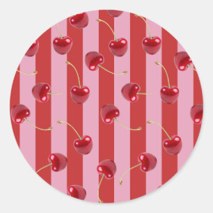 Red and pink stripe design with cherries classic round sticker