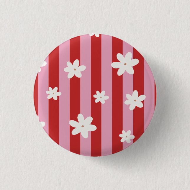 Red and pink stripe flower  1 inch round button (Front)