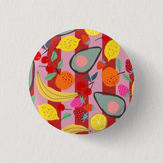 Red and pink stripe fruit pattern  1 inch round button (Front)