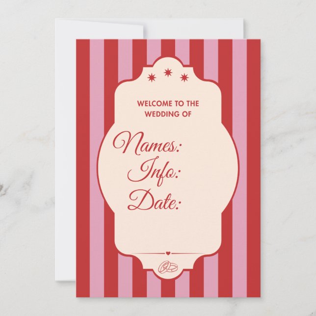 Red and Pink stripe wedding Invitation (Front)