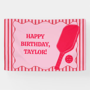 Red and Pink Striped Pickleball Birthday Party Banner