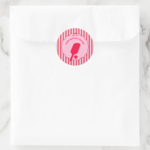 Red and Pink Striped Pickleball Birthday Party Classic Round Sticker