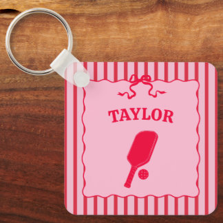 Red and Pink Striped Pickleball Personalized Keychain