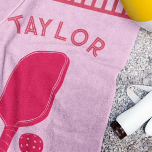 Red and Pink Stripes Pickleball Personalized Beach Towel