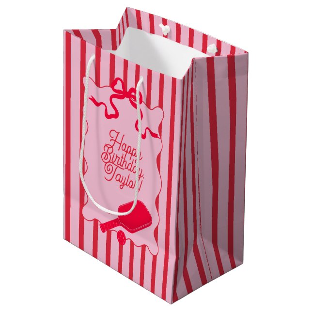 Red and Pink Stripes Pickleball Personalized Medium Gift Bag (Front Angled)