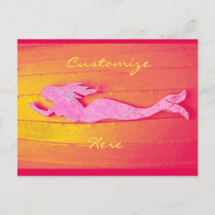 red and pink swimming mermaid postcard