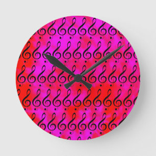 Red And Pink Tie Dye Music Clef Note, Round Clock