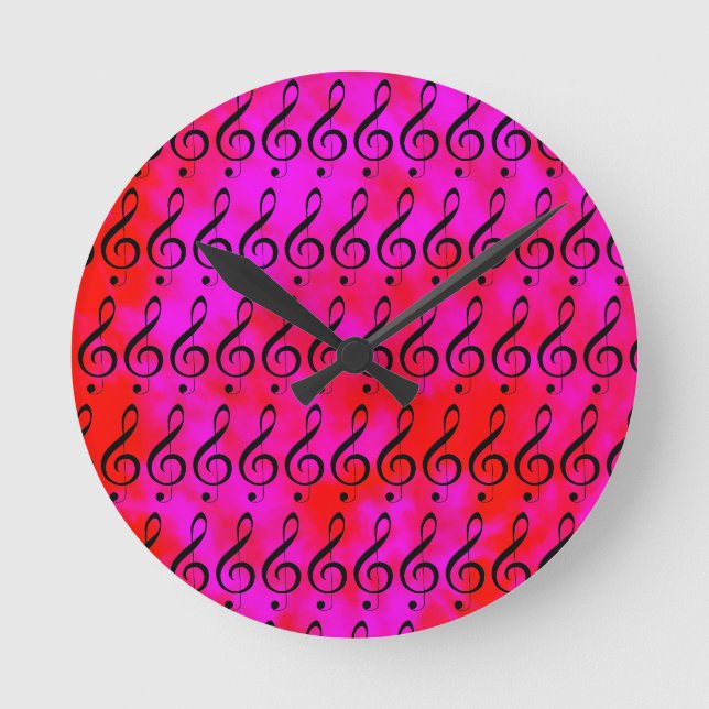 Red And Pink Tie Dye Music Clef Note, Round Clock (Front)