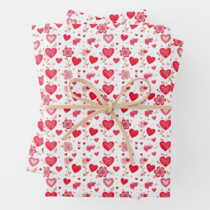 Red and Pink Valentine Hearts and Flowers Wrapping Paper Sheet
