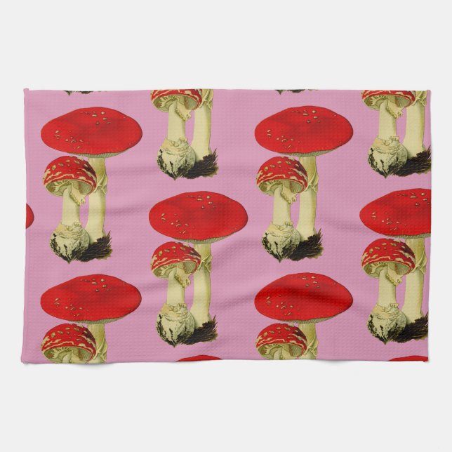 Red and Pink Vintage Mushrooms Kitchen Towel (Horizontal)