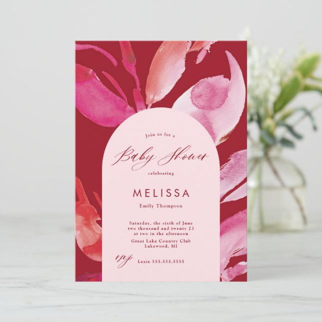 Red and Pink Watercolor Baby Shower Invitation (Standing Front)