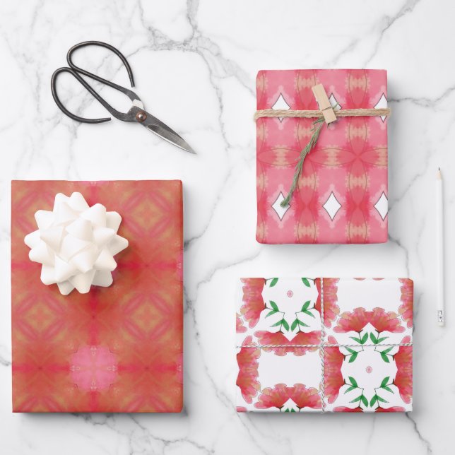 Red and pink watercolor geometric wrapping paper (Front)