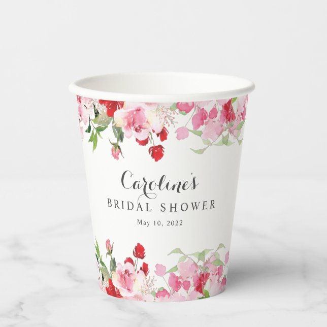 Red and Pink Watercolor Roses Bridal Shower Paper Cups (Front)