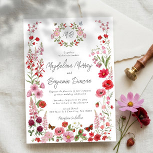Red and Pink Wildflowers Whimsical Meadow Wedding Invitation