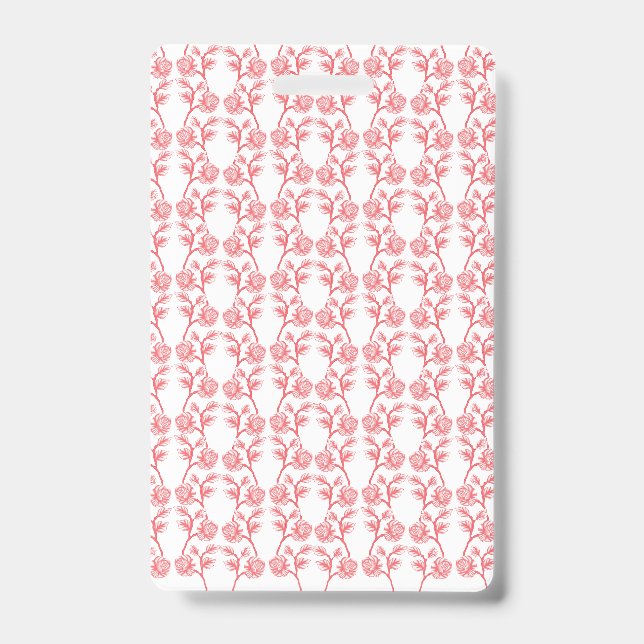 Red and pink wrapping paper featuring a repeating  badge (Front)