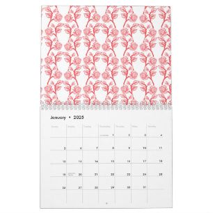 Red and pink wrapping paper featuring a repeating calendar