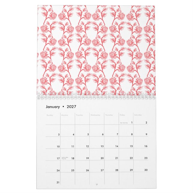 Red and pink wrapping paper featuring a repeating  calendar (Jan 2027)