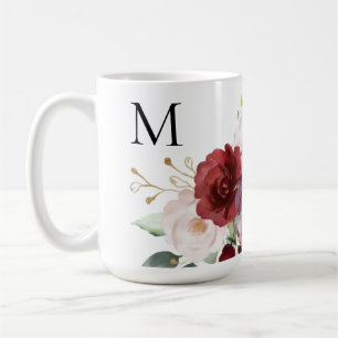 Red and Plum Roses Watercolor Floral with Monogram Coffee Mug