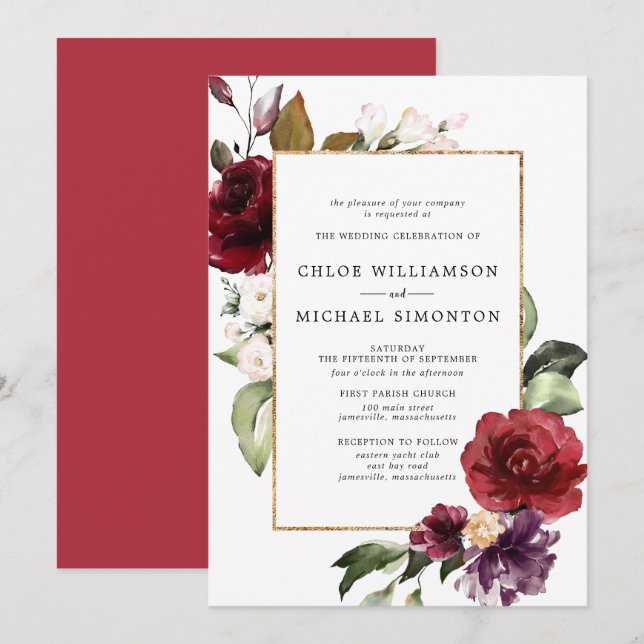 Red and Purple Floral Botanical Wedding Invitation (Front/Back)