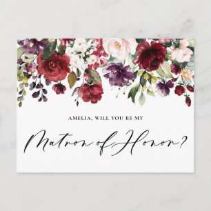 Red and Purple Flowers Be My Matron of Honour Postcard