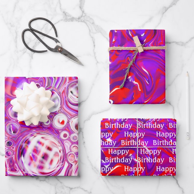 Red and Purple Fluid Art Birthday Wrapping Paper Sheet (Front)
