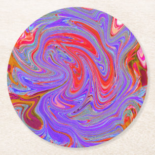 Red and Purple Groovy Abstract Retro Art Round Paper Coaster