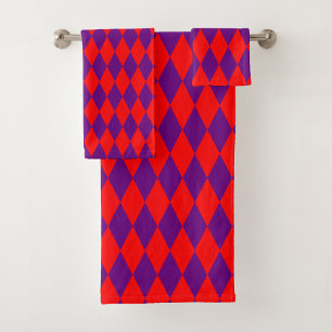 Red and Purple Harlequin Checkered Design  Bath Towel Set
