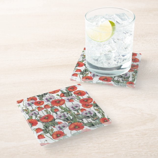 Red and Purple Poppies Pattern Glass Coaster (Angled)