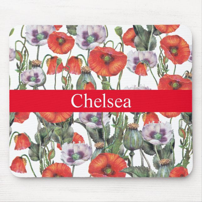 Red and Purple Poppies Pattern Personalized Mouse Pad (Front)