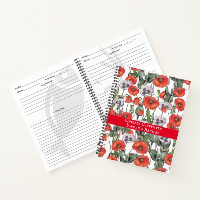 Red and Purple Poppies Pattern Personalized Recipe Notebook (Inside)