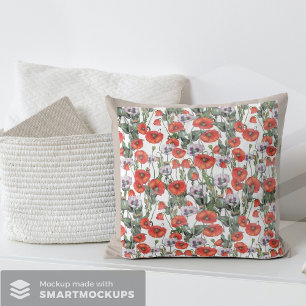 Red and Purple Poppies Pattern Throw Pillow