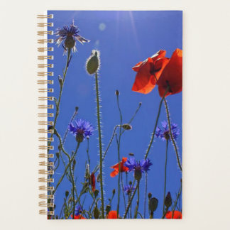 red and purple roses embracing a blue sky and sun planner