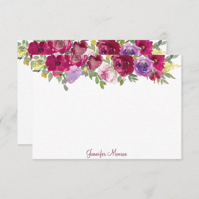 Red and purple watercolor flowers personalized  card (Front/Back)