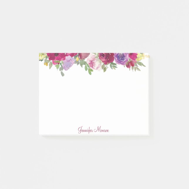 Red and purple watercolor flowers personalized  post-it notes (Front)