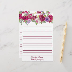 Red and purple watercolor flowers personalized  stationery