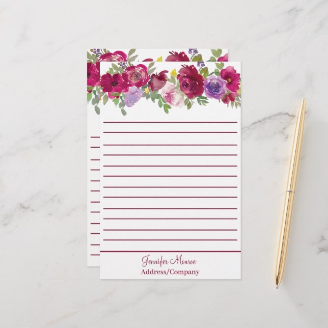 Red and purple watercolor flowers personalized  stationery (Front/Back In Situ)