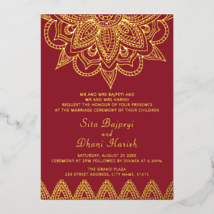 Red and Real Gold Foil Indian Wedding Invitation