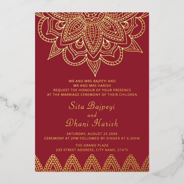Red and Real Gold Foil Indian Wedding Invitation (Front)
