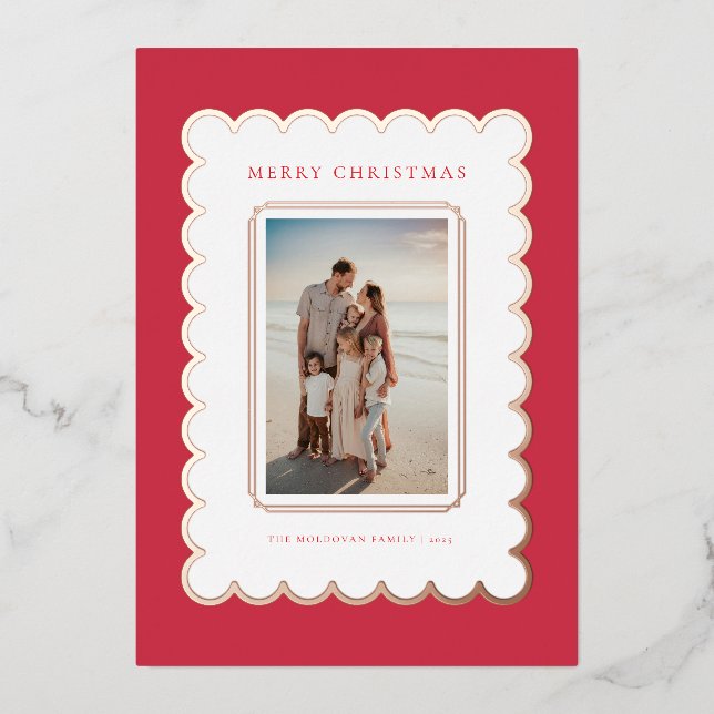Red and Rose Gold Foil Scallop Christmas Card (Front)