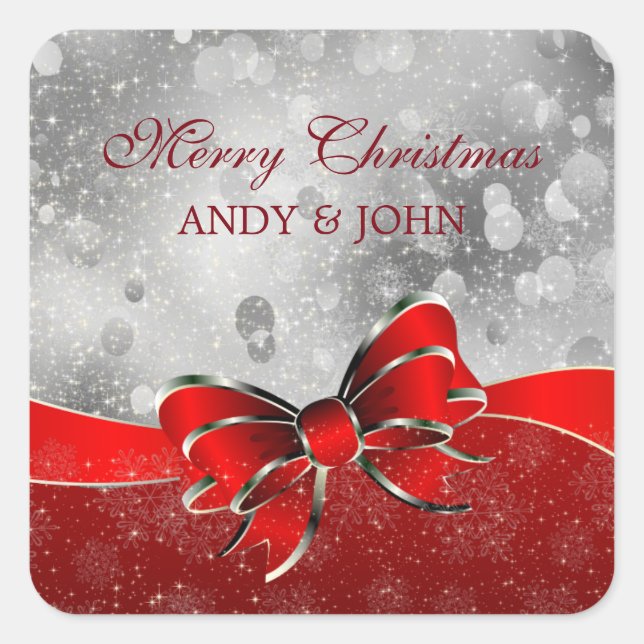 Red And Silver Bow Square Sticker (Front)