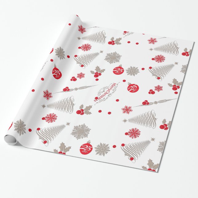 Red and Silver Christmas Glossy Wrapping Paper (Unrolled)
